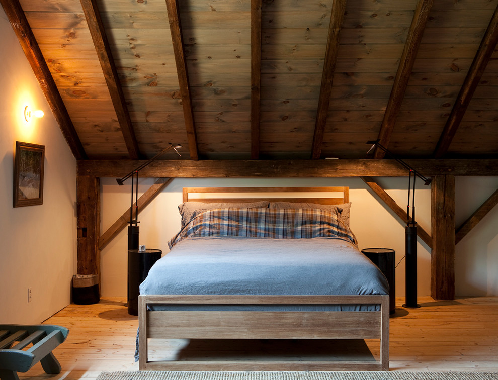 オースティンにあるラスティックスタイルのおしゃれな寝室 (ベージュの壁、無垢フローリング、勾配天井、グレーとブラウン) のインテリア