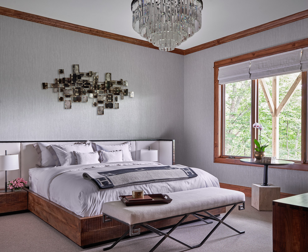 Пример оригинального дизайна: гостевая спальня среднего размера, (комната для гостей) в стиле ретро с серыми стенами и ковровым покрытием