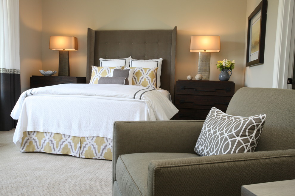 Inspiration for a mid-sized transitional master carpeted bedroom remodel in Atlanta with beige walls and no fireplace