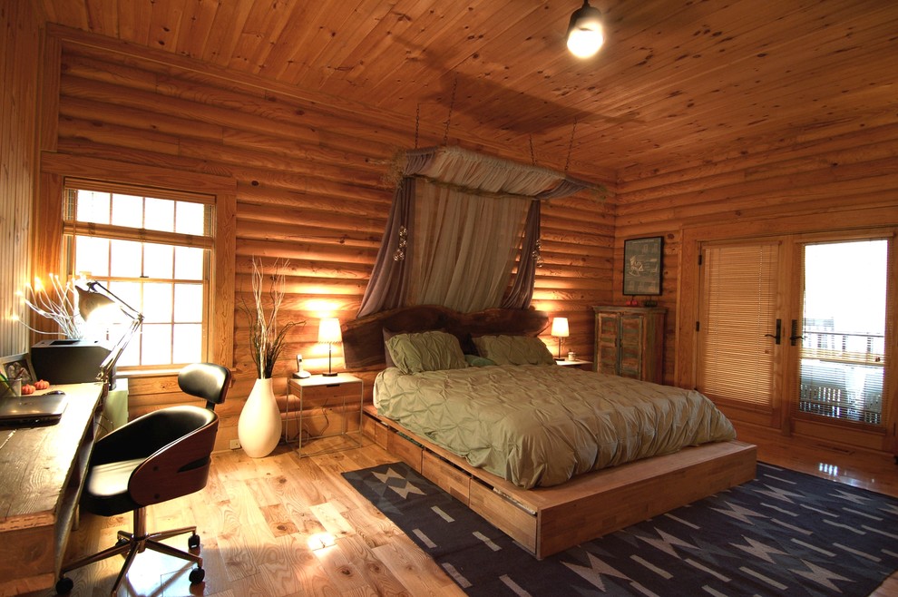 Design ideas for a medium sized rustic bedroom in Charlotte with light hardwood flooring.
