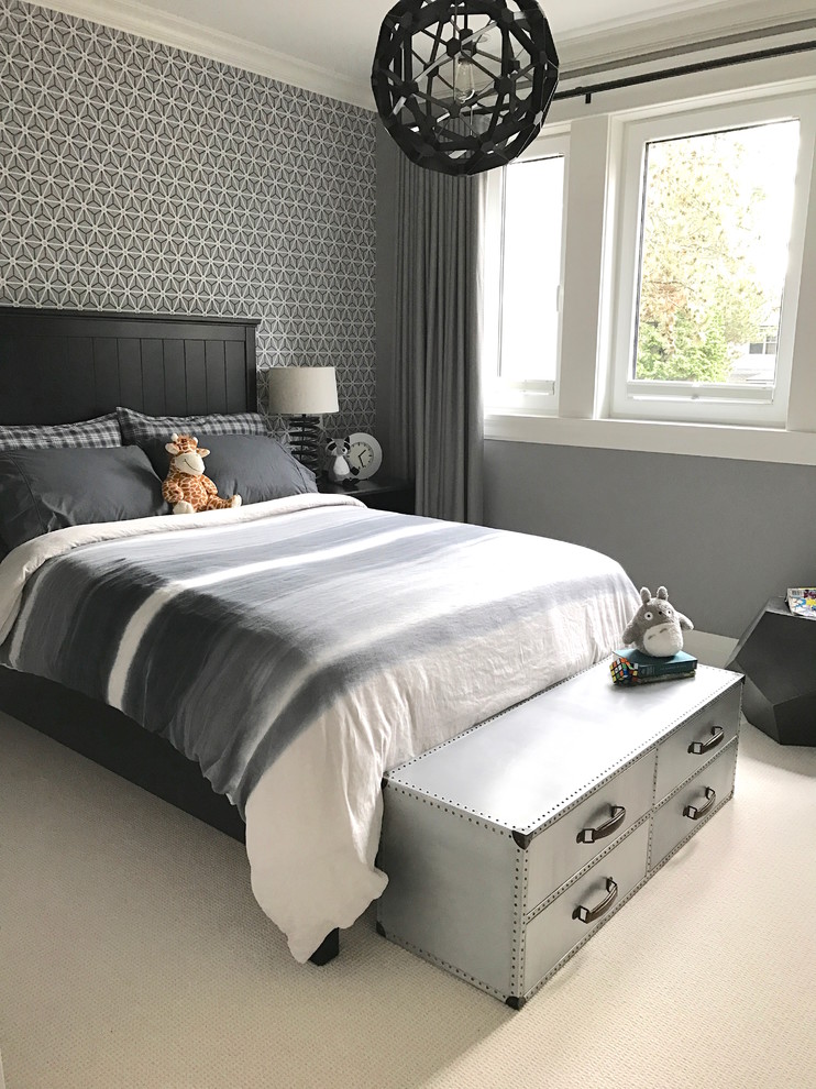 Medium sized contemporary bedroom in Vancouver with grey walls, carpet and no fireplace.