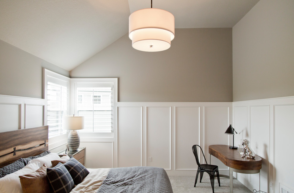 Immagine di una camera degli ospiti di medie dimensioni con pareti grigie, moquette e pavimento beige