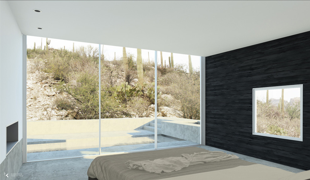 Пример оригинального дизайна: большая хозяйская спальня в стиле модернизм с бетонным полом, черными стенами и горизонтальным камином
