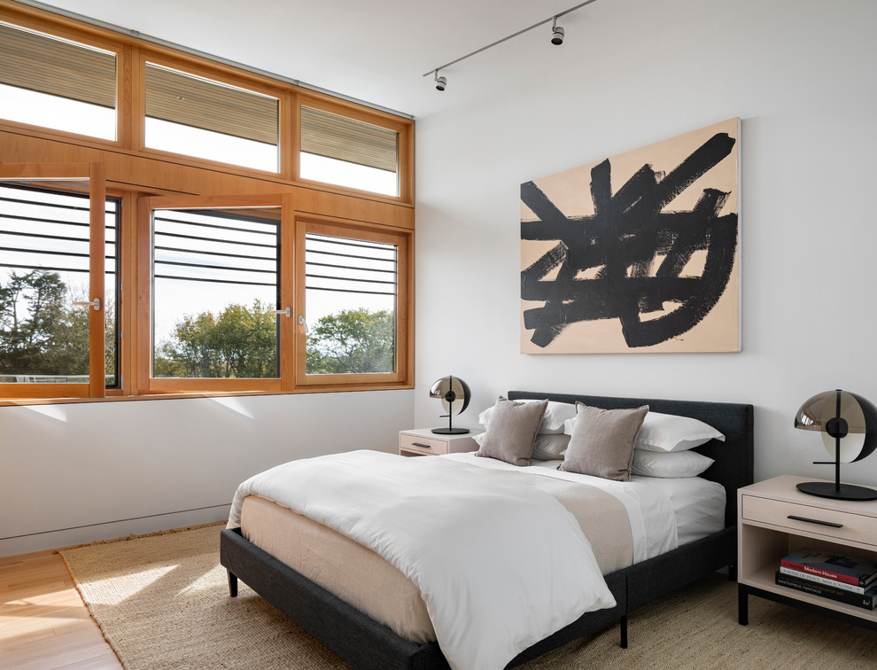 Стильный дизайн: гостевая спальня среднего размера, (комната для гостей) в современном стиле с белыми стенами, паркетным полом среднего тона и коричневым полом без камина - последний тренд