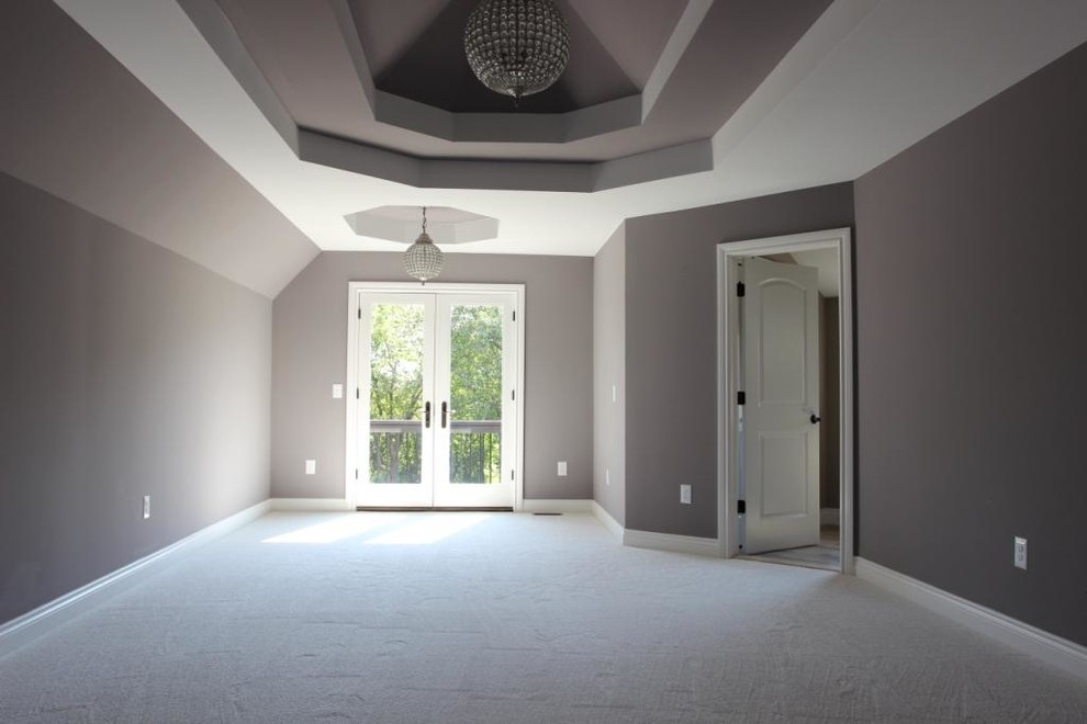 Medium sized classic master bedroom in Detroit with grey walls, carpet and a ribbon fireplace.