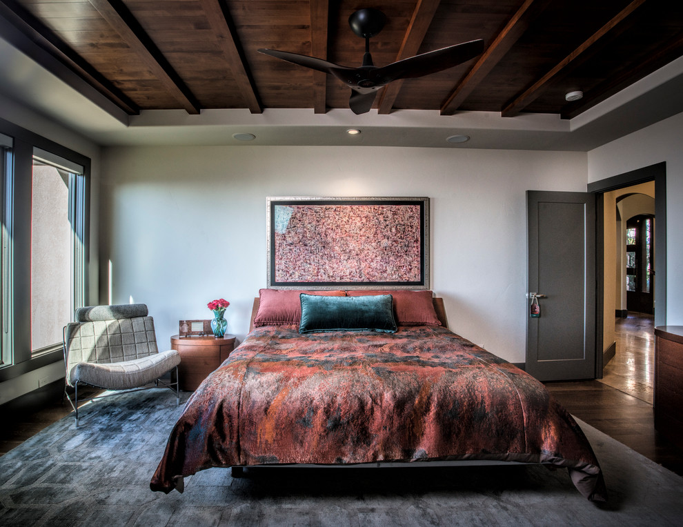 Photo of a medium sized contemporary bedroom in Salt Lake City with dark hardwood flooring.