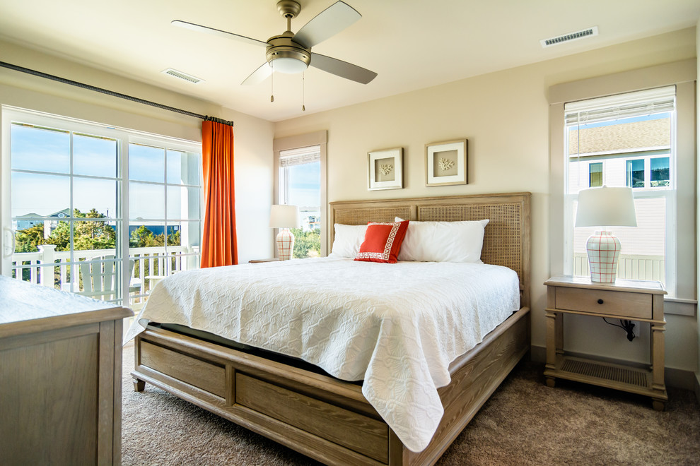 Photo of a medium sized coastal bedroom in Other with beige walls, carpet, no fireplace and beige floors.