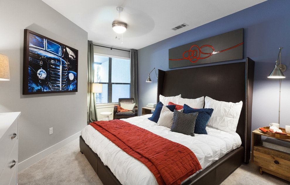 Inspiration for a contemporary carpeted bedroom remodel in Houston with blue walls and no fireplace