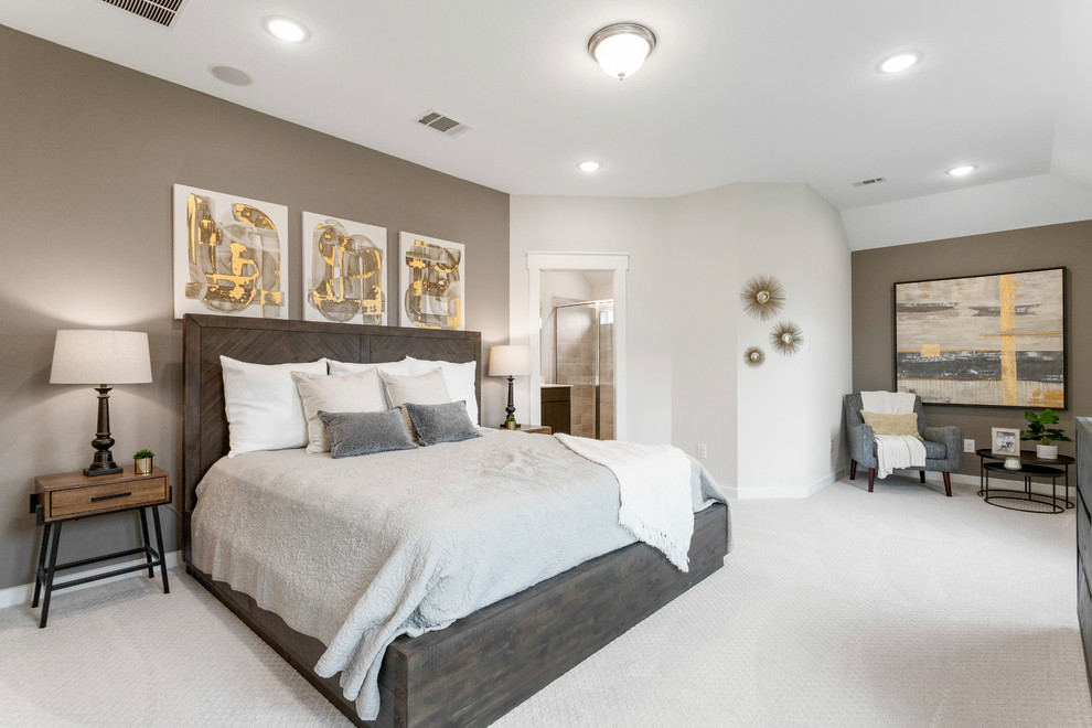 This is an example of a large contemporary master bedroom in Other with white walls, carpet and beige floors.
