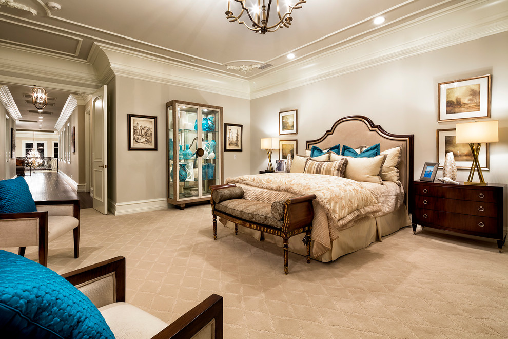 Inspiration for a mediterranean carpeted bedroom remodel in Los Angeles with gray walls
