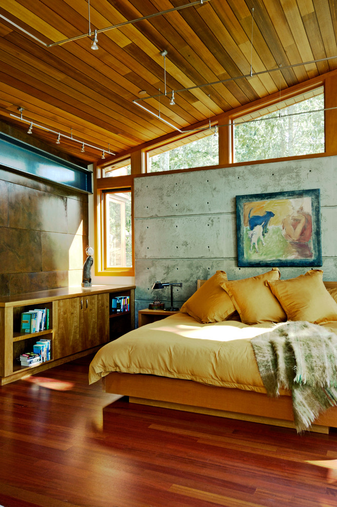 Ejemplo de dormitorio principal actual con suelo de madera en tonos medios, todas las chimeneas y marco de chimenea de hormigón