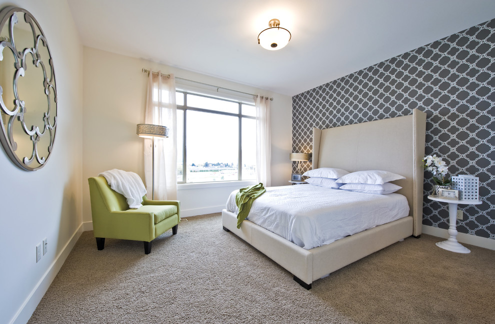 Example of a transitional carpeted bedroom design in Vancouver with multicolored walls