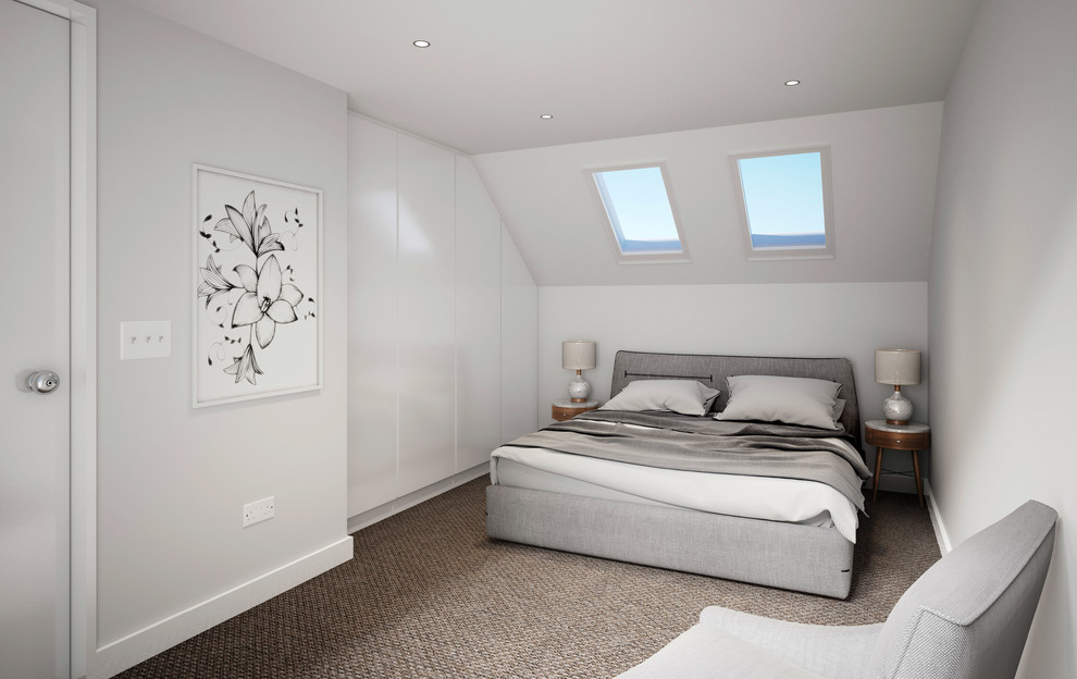 Contemporary guest bedroom in London with white walls, carpet and brown floors.