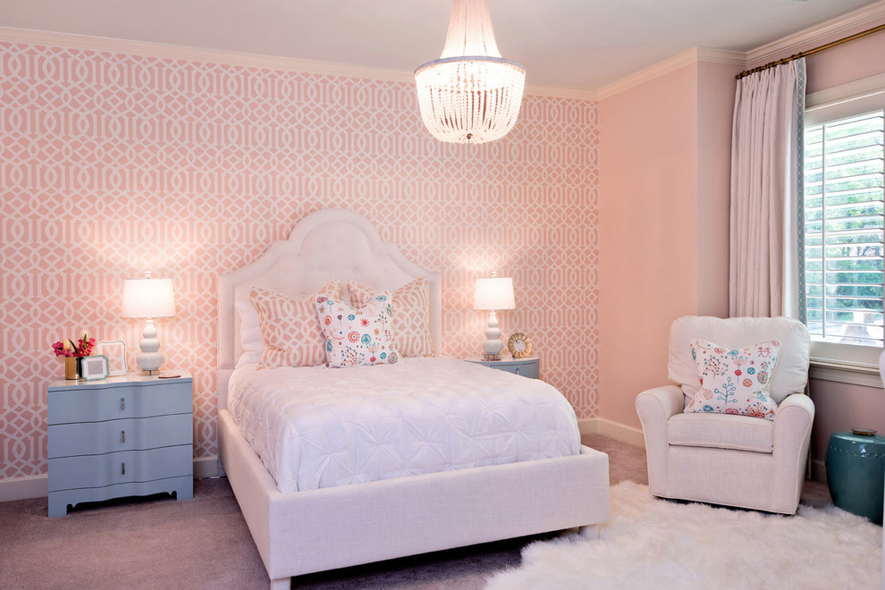 This is an example of a large classic grey and pink bedroom in Charlotte with pink walls and carpet.