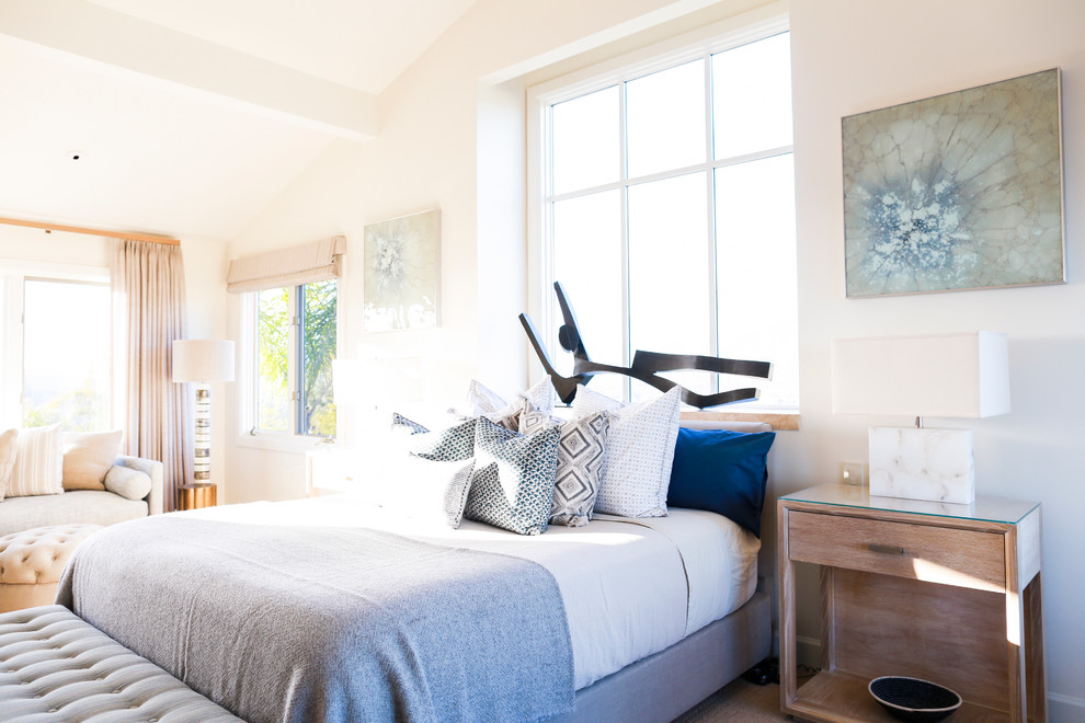 サンタバーバラにある広いコンテンポラリースタイルのおしゃれな主寝室 (青い壁、淡色無垢フローリング) のインテリア