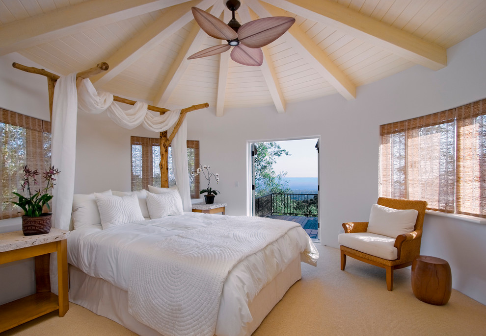 サンタバーバラにある地中海スタイルのおしゃれな寝室 (白い壁、カーペット敷き、暖炉なし) のインテリア
