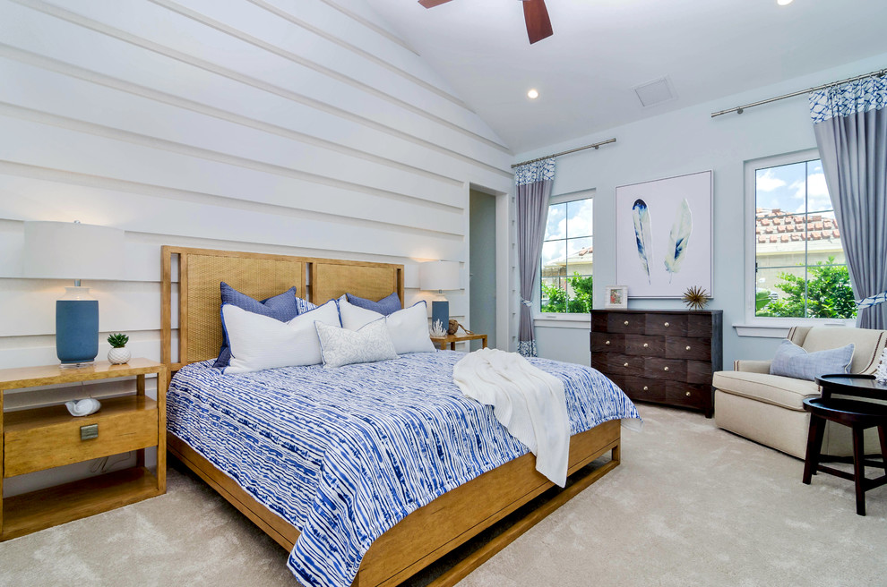 Diseño de dormitorio contemporáneo sin chimenea con paredes blancas y moqueta