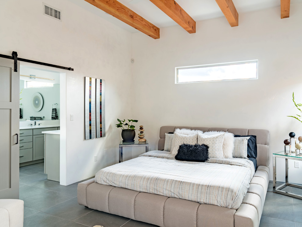Ejemplo de dormitorio principal contemporáneo de tamaño medio con paredes blancas, suelo de baldosas de porcelana y suelo gris