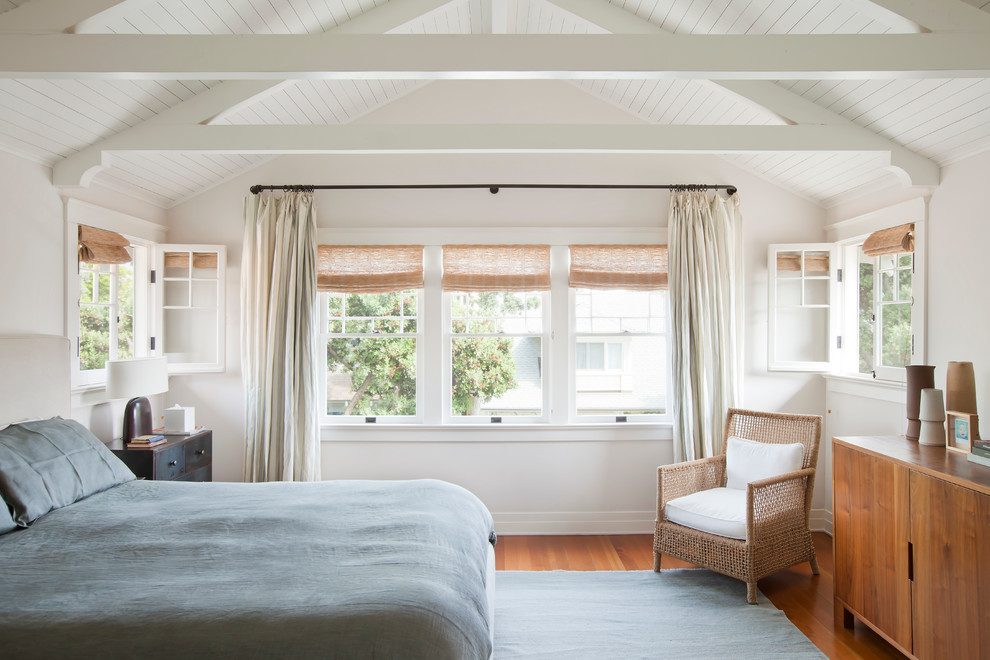 Example of a beach style bedroom design in Los Angeles with white walls