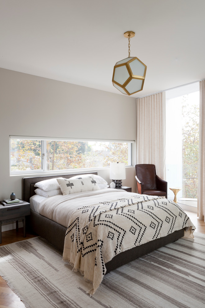 Источник вдохновения для домашнего уюта: спальня в современном стиле с белыми стенами и паркетным полом среднего тона