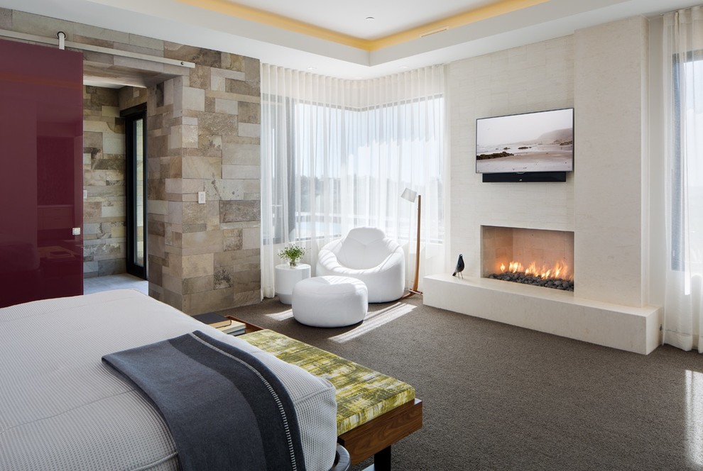 Photo of a contemporary bedroom in San Diego with carpet and a standard fireplace.
