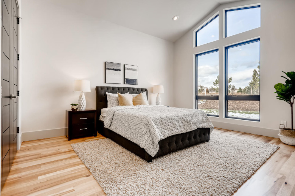 Inspiration for a large contemporary master medium tone wood floor and beige floor bedroom remodel in Denver with white walls
