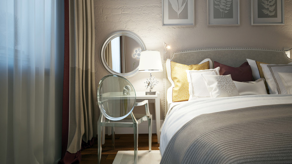 Cette image montre une petite chambre minimaliste avec un mur beige.