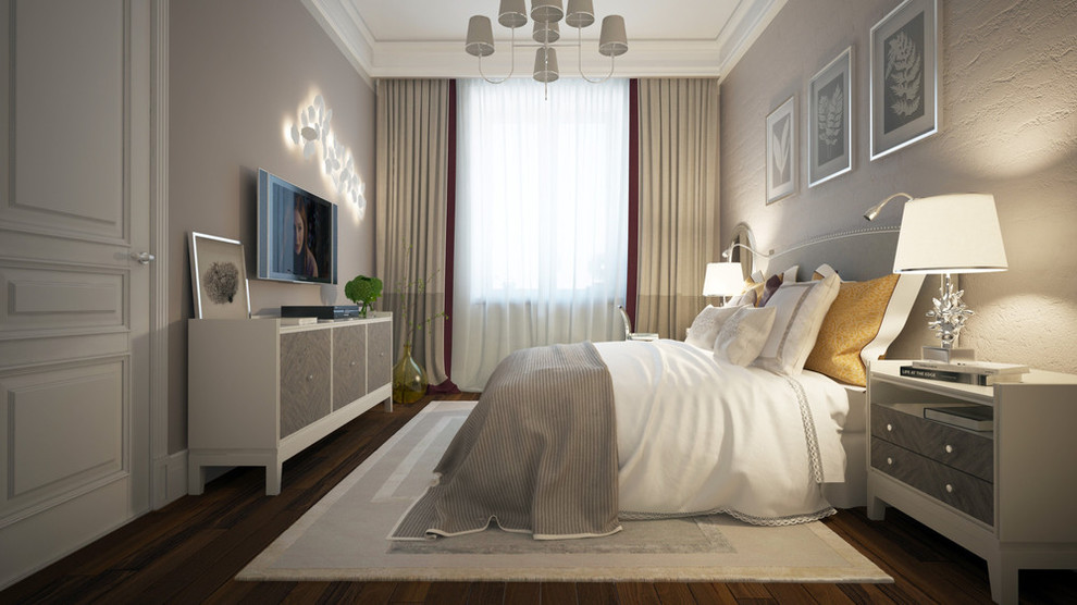 Diseño de dormitorio moderno pequeño con paredes beige