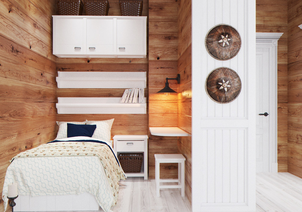 Foto de dormitorio tipo loft moderno pequeño con paredes marrones