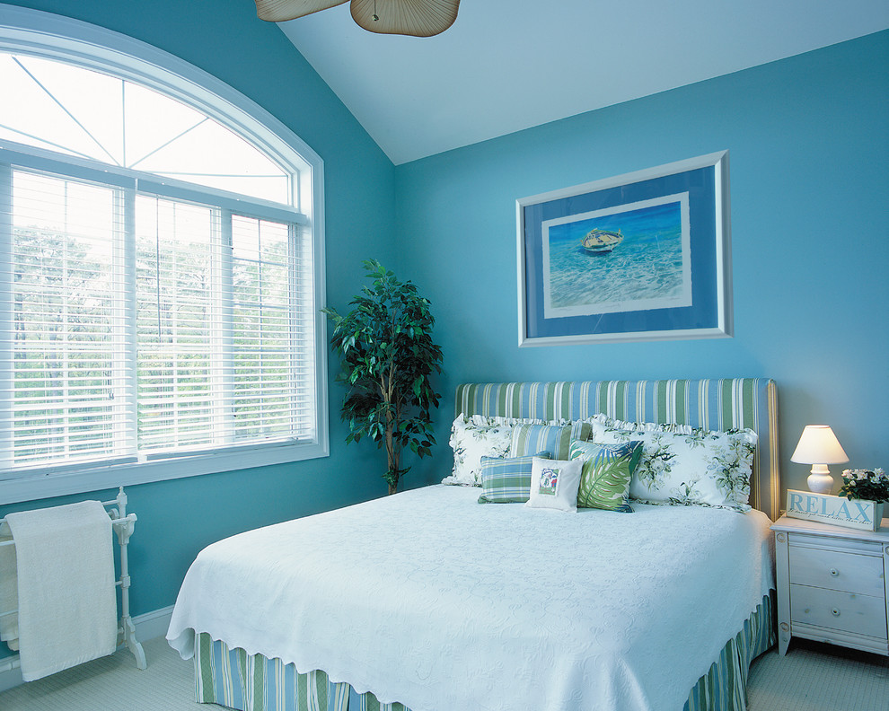 Large beach style guest carpeted bedroom photo in Miami with blue walls and no fireplace