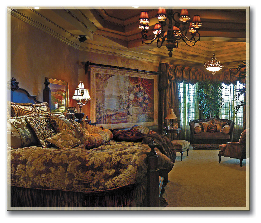 Example of a huge tuscan master carpeted bedroom design in Miami with beige walls and no fireplace