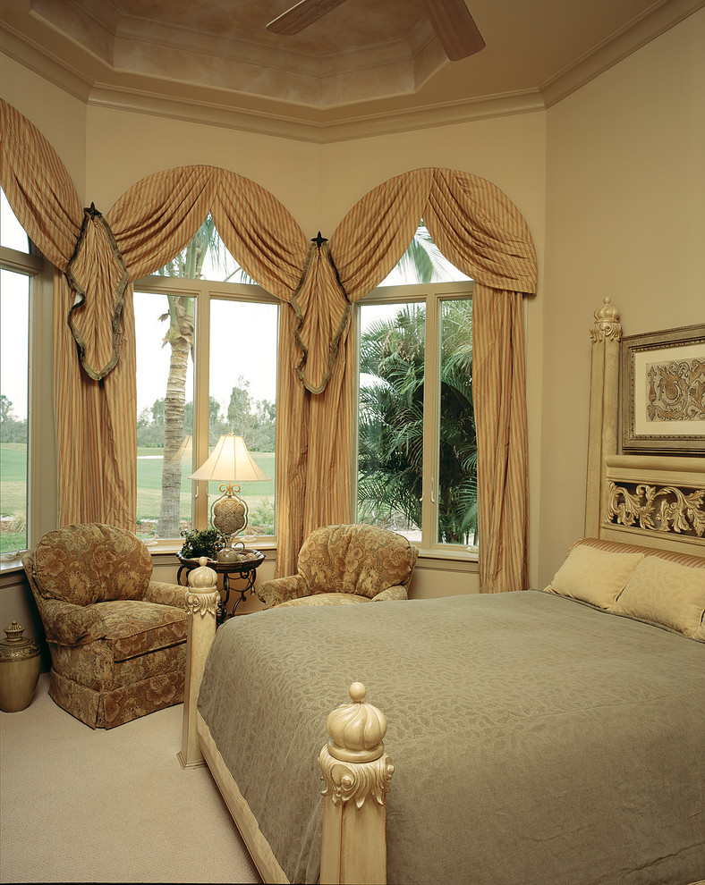 Bedroom - large mediterranean guest carpeted bedroom idea in Miami with beige walls and no fireplace