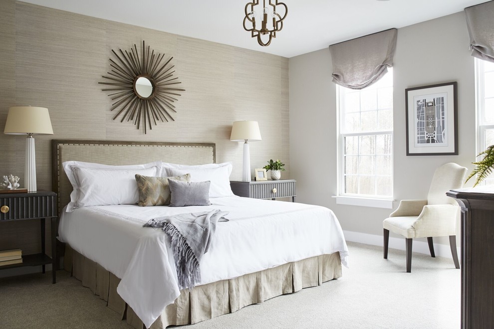 Classic bedroom in Other with beige walls, carpet and beige floors.