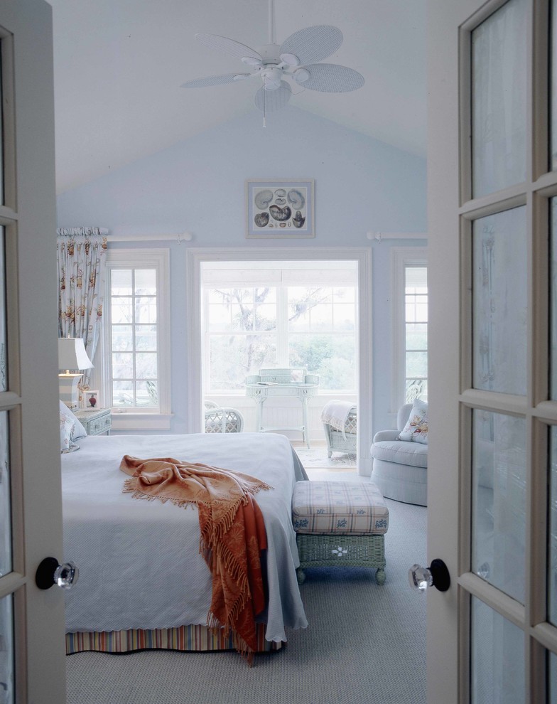 Идея дизайна: хозяйская спальня среднего размера в классическом стиле с синими стенами и ковровым покрытием