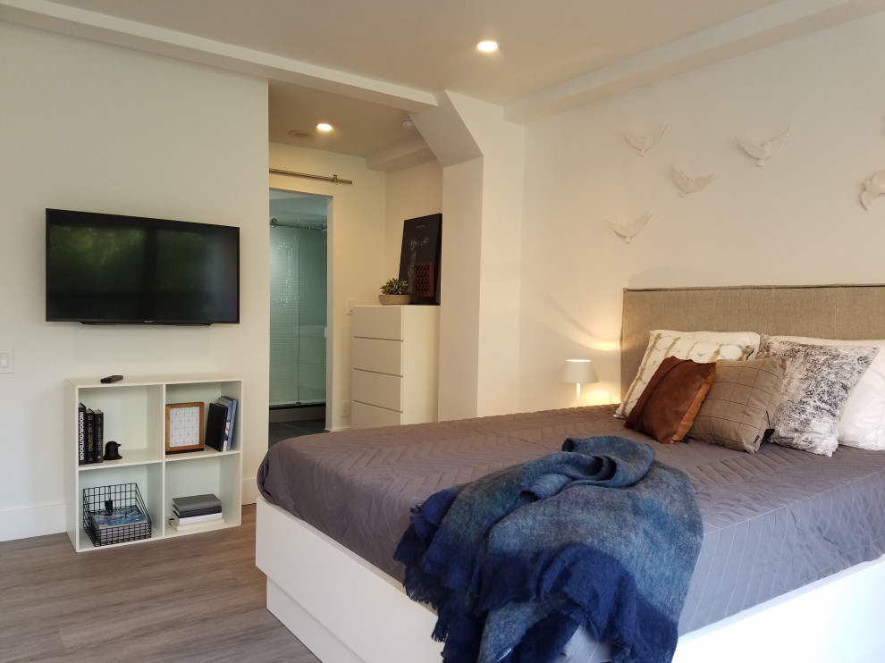 Design ideas for a medium sized midcentury master bedroom in Philadelphia with white walls, light hardwood flooring and grey floors.