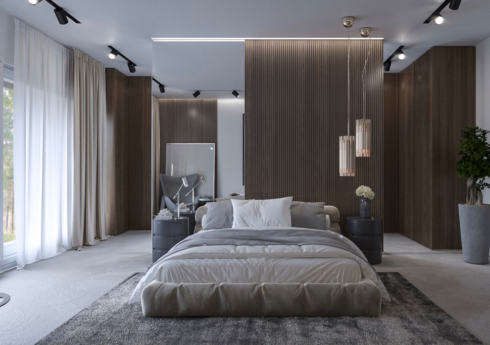 Стильный дизайн: огромная хозяйская спальня в скандинавском стиле с белыми стенами, бетонным полом и бежевым полом без камина - последний тренд