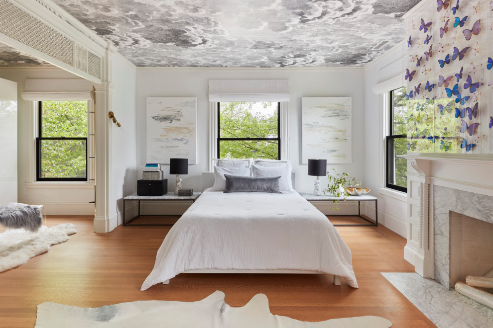 ボストンにある広いコンテンポラリースタイルのおしゃれな主寝室 (白い壁、淡色無垢フローリング、標準型暖炉、石材の暖炉まわり、茶色い床、クロスの天井) のレイアウト