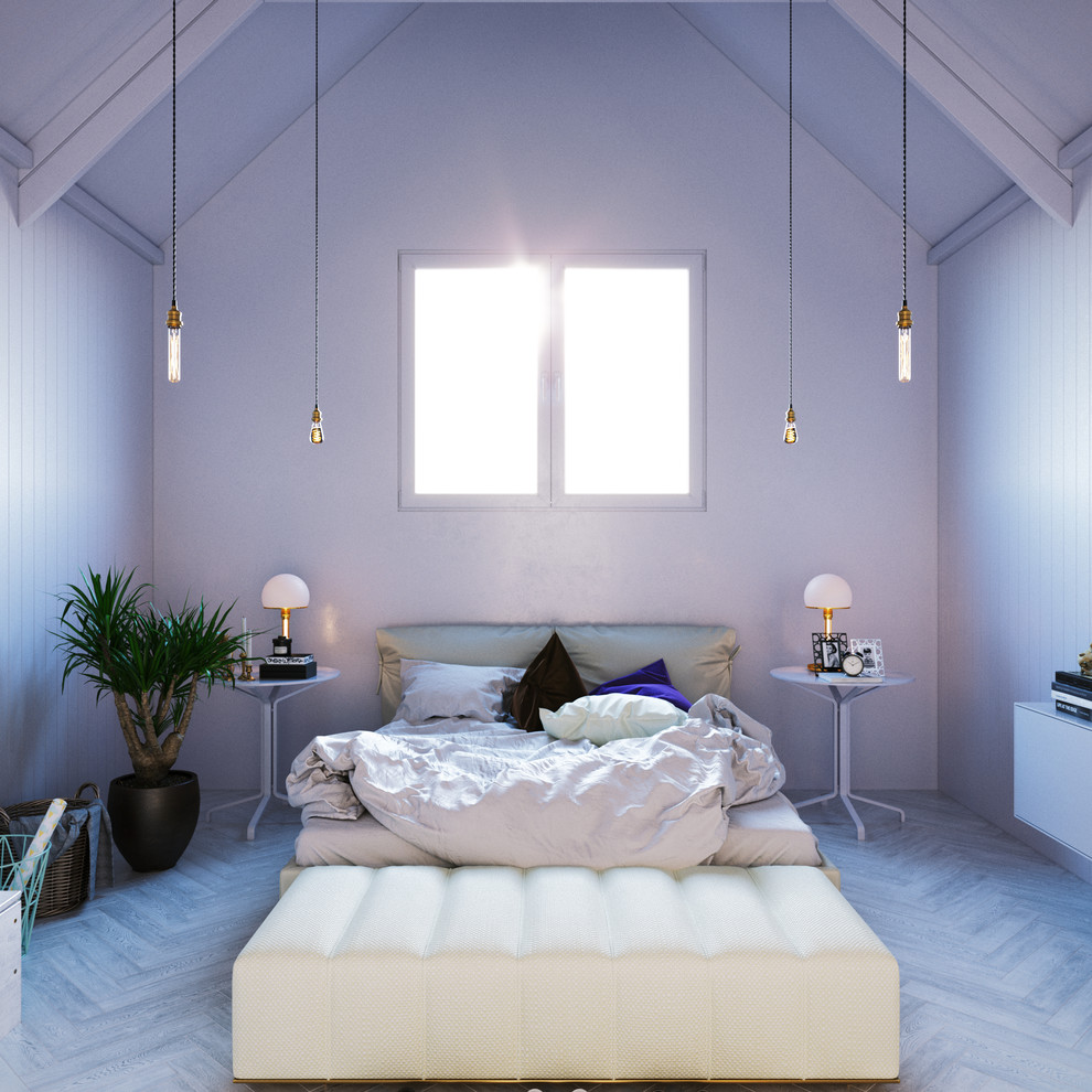 Идея дизайна: маленькая хозяйская спальня в скандинавском стиле с белыми стенами, светлым паркетным полом и белым полом для на участке и в саду