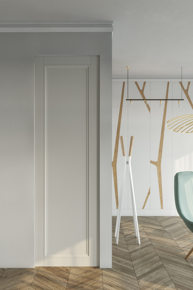 Huge danish master bamboo floor and beige floor bedroom photo in Brussels with white walls