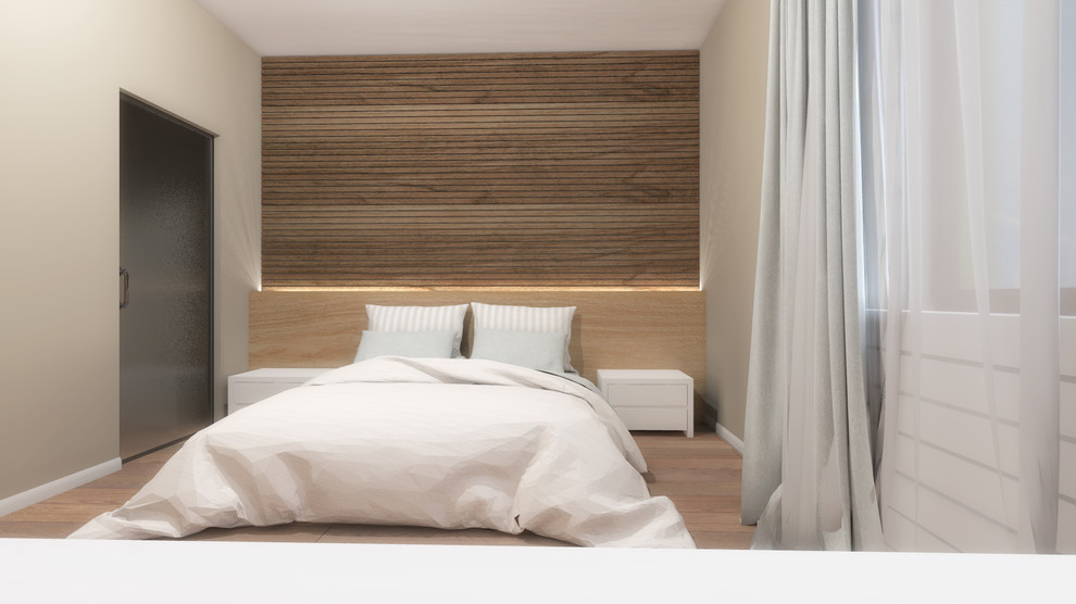 Пример оригинального дизайна: хозяйская спальня среднего размера в скандинавском стиле с бежевыми стенами и светлым паркетным полом