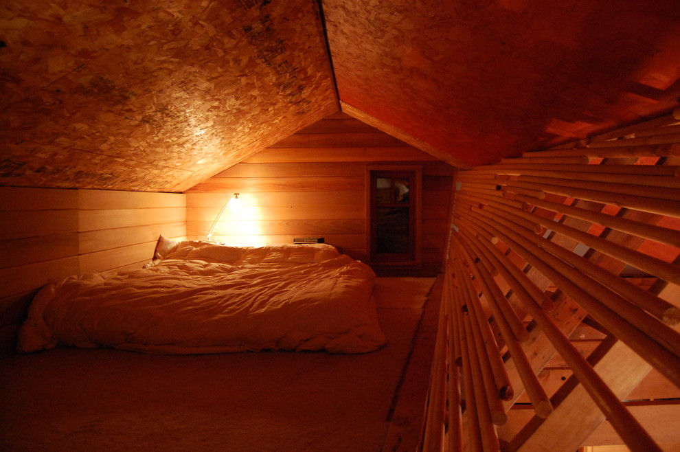 Idee per una camera da letto stile loft contemporanea con moquette