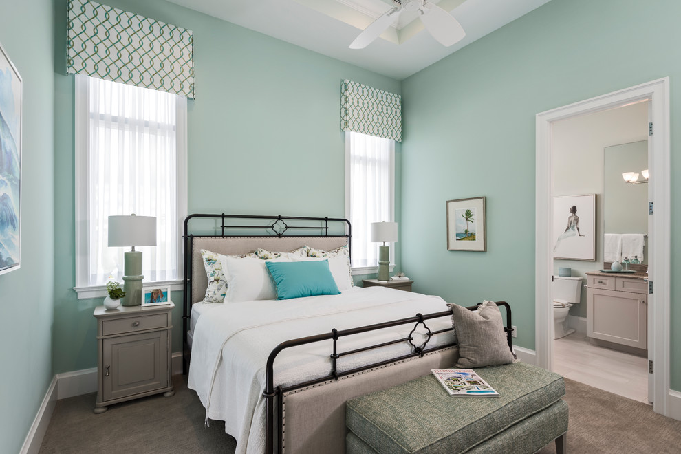 Photo of a beach style bedroom in Other with blue walls.