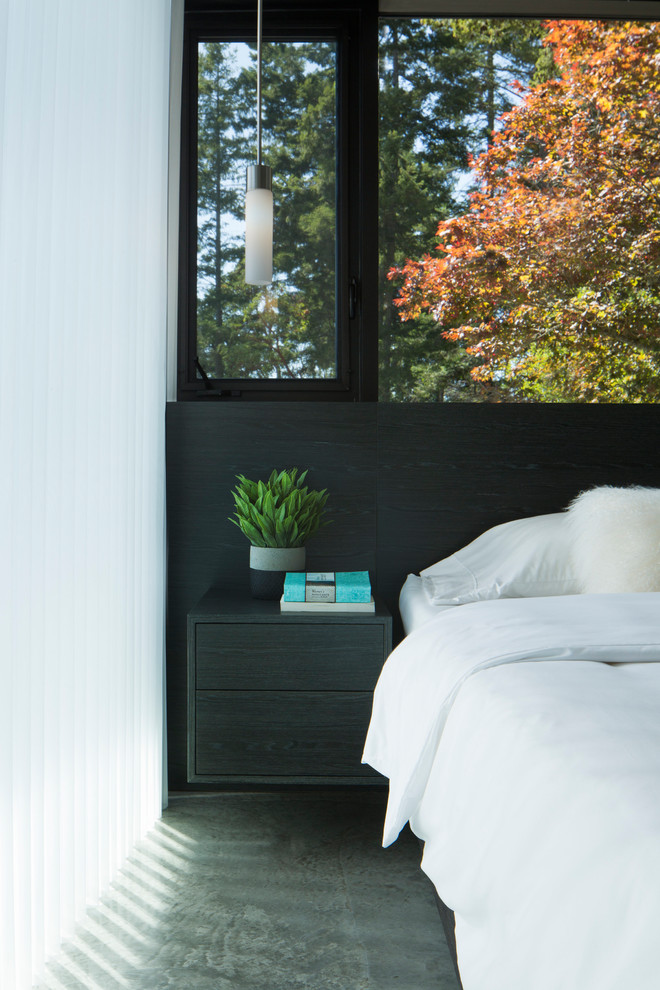 Свежая идея для дизайна: хозяйская спальня среднего размера в современном стиле с белыми стенами и бетонным полом - отличное фото интерьера
