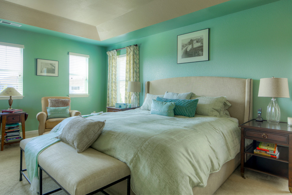 Bedroom - mid-sized contemporary master bedroom idea in Denver with green walls
