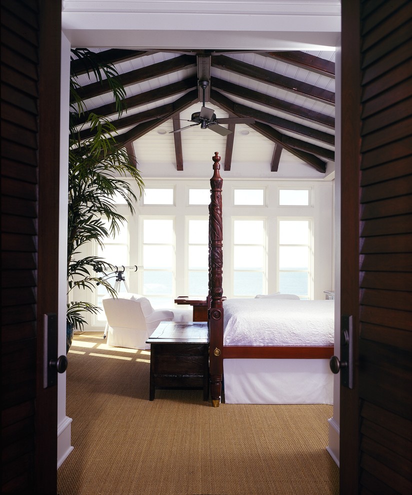 アトランタにあるトロピカルスタイルのおしゃれな寝室 (カーペット敷き) のインテリア