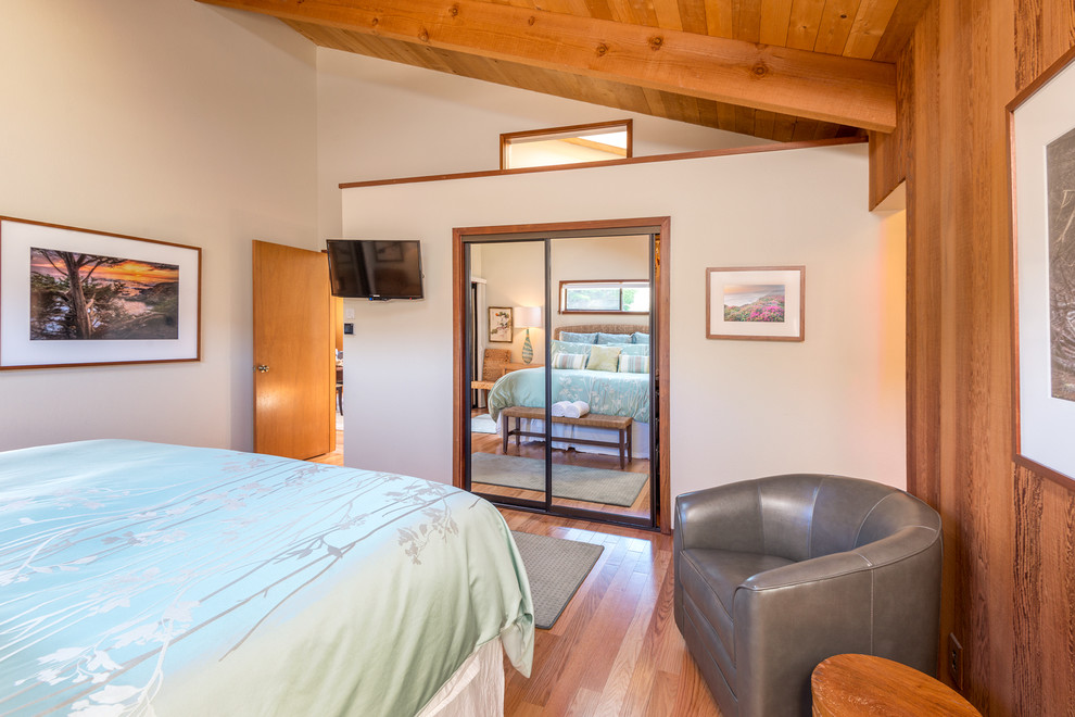 Modelo de dormitorio principal costero de tamaño medio con suelo de madera en tonos medios