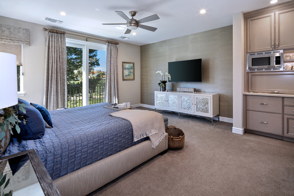 This is an example of a medium sized classic master bedroom in Orange County with beige walls, carpet, no fireplace and beige floors.