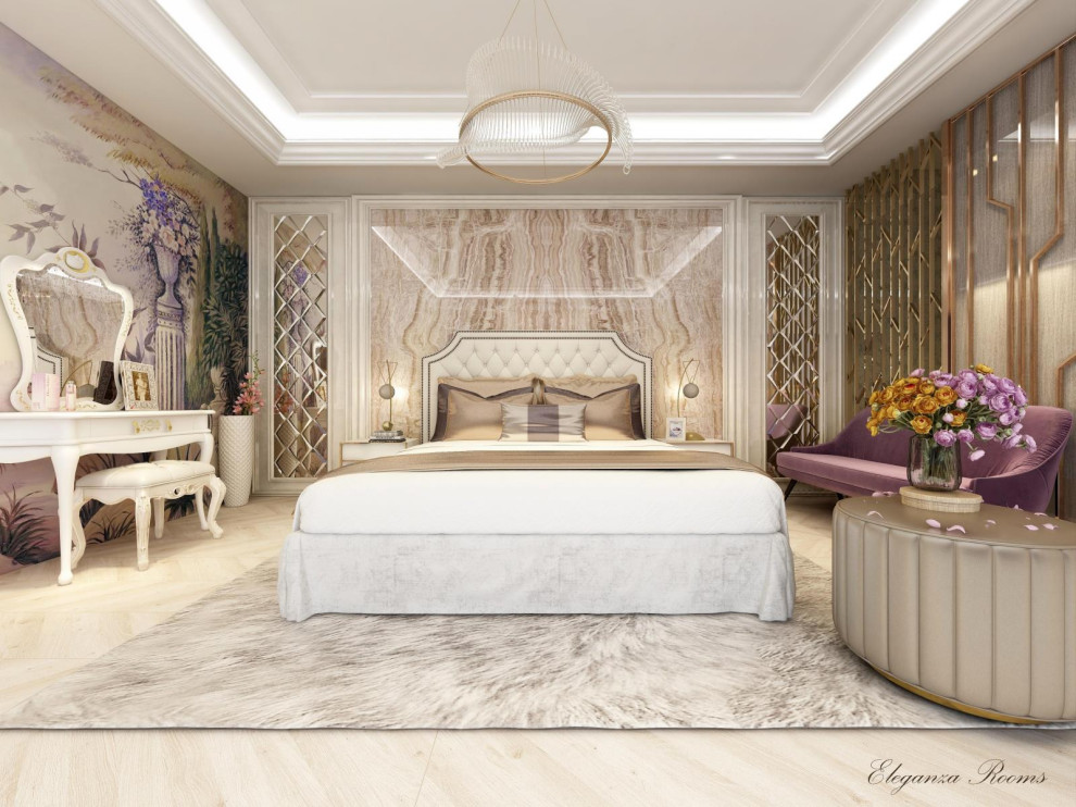 Foto di una camera matrimoniale minimalista con pareti beige, pavimento in marmo e pavimento beige