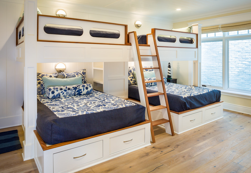 Inspiration for a large nautical guest bedroom in San Diego with light hardwood flooring, yellow walls, no fireplace and beige floors.