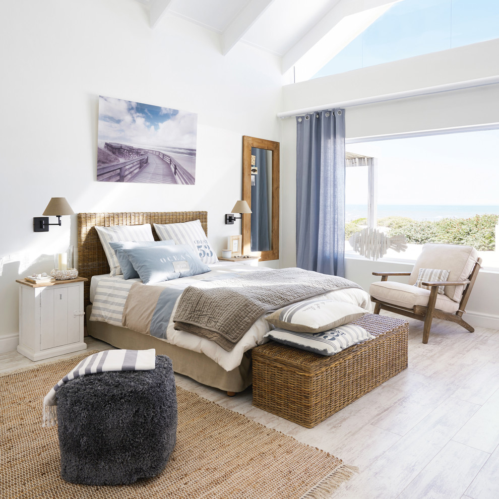 Inspiration for a coastal bedroom in London with white walls and white floors.